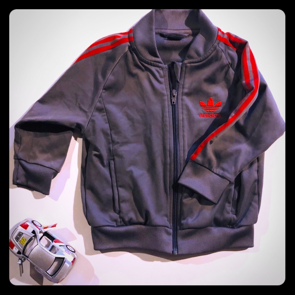 Adidas red stripe and gray zip up jacket